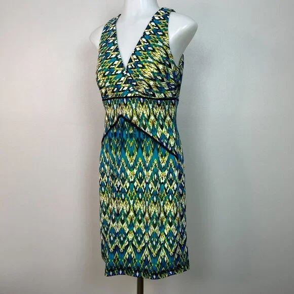 Andrew Marc New York Mini Dress 6 Bright Green Blue Sleeveless V-Neck Women's - Picture 3 of 11